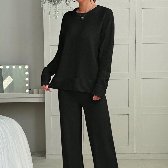 Black Casual Women's Round Neck Long Sleeve Sweater Top And Long Pants Set - Picture 4 of 6